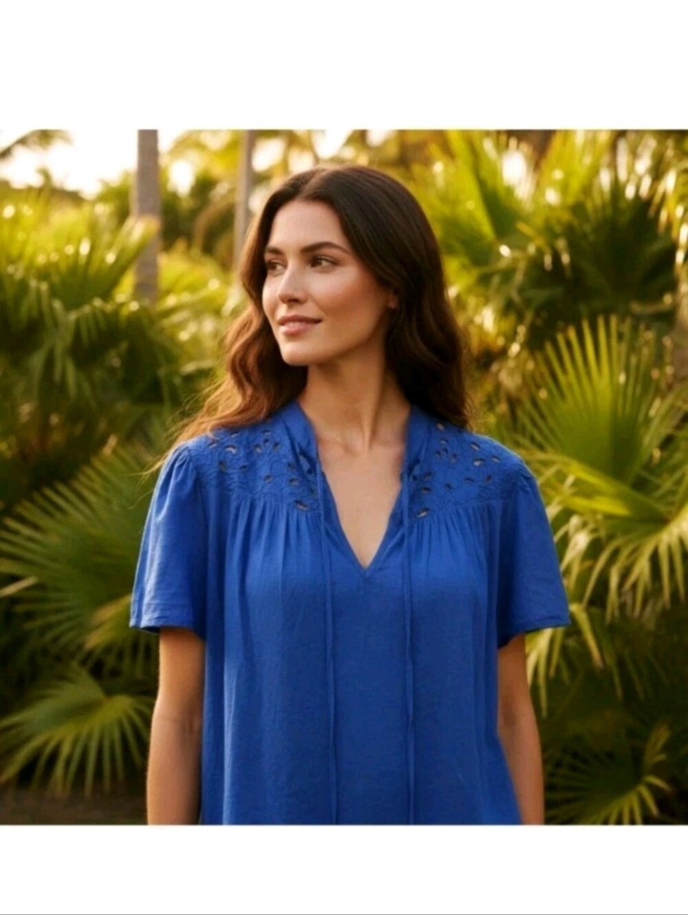 Knox Rose M Top Womens Blue Eyelet Crochet Lace Boho Peasant Artsy Coastal NWT
